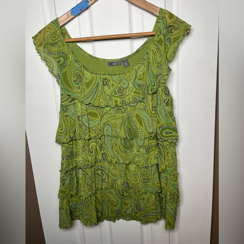Apt. 9 Green Paisley Ruffle Tiered Babydoll Blouse Top Size Large - Picture 3 of 14